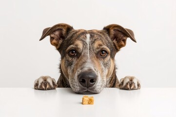 Obraz premium Australian Cattle Dog is eating food placed on the table with hopeful expression, pet, pet cuteness, pet feeding, snack time, meal time, dog, focus, micro, white background