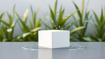 Minimalist white cube with water ripples and droplets in a natural setting