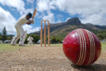 A cricket ball and wicket in the sunshine