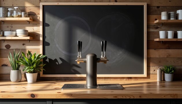 Beer taps with chalkboard menu in rustic wooden bar environment