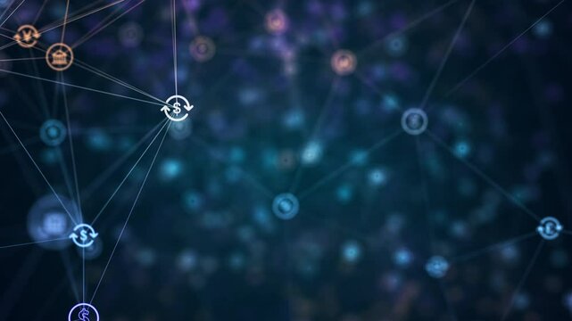 Motion graphic of Blue digital money icon and line linked network connection futuristic technology abstract background concept camera zoom seamless loop video	 - Powered by Adobe