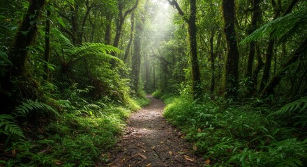 Fototapeta premium Lush Green Rainforest Path with Sunlight