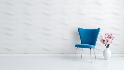 Modern interior design with blue chair pink flowers and white wall decor