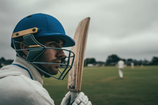Intense Cricket Player Ready To Bat On The Field