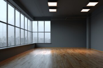 Obraz premium Minimalist Modern Room with Large Window and Hardwood Flooring