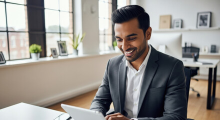 Fototapeta premium Smiling Indian businessman, successful professional, working on tablet in modern office. Happy ethnic entrepreneur, corporate manager, using digital device, tech concept. Positive work environment.