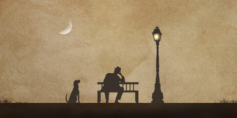 An old man sits on a park bench at night under a lamp post with his big dog at his side. This is an illustration about retirement, old age, loyal pets and reflective thinking.