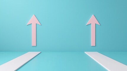 Two pink arrows pointing upward on a blue background with two white paths leading toward them, representing direction and choice.