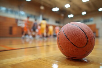 Focused Basketball Ball on Court with Players in Background