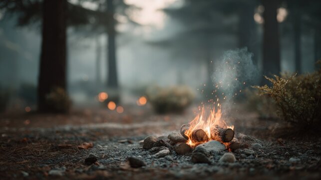 Small campfire burning among forest trees with glowing embers and light smoke in calm morning atmosphere ideal for outdoor survival visuals, nature blogs and camping gear ads - Powered by Adobe