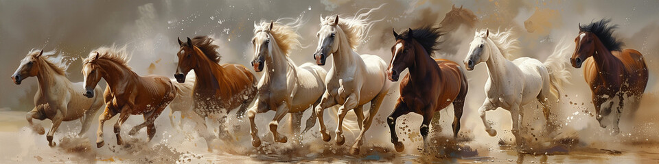 Realistic Eight horses for Feng Shui, for printing.
