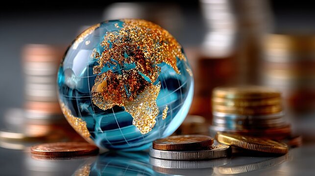 Macro view of glass globe showing Africa and Europe surrounded by stacked coins symbolizing global economy, finance and international wealth distribution