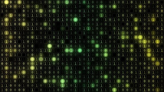 Abstract binary background animation with glowing 0 and 1 digits. Ideal for tech, AI, cybersecurity, and digital data concepts, seamless loopable element
