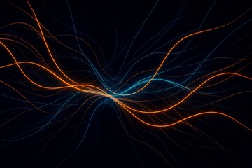 Quantum Entanglement Wave Lines. Abstract visualization of quantum entanglement represented by intertwining glowing orange and blue lines on dark background.