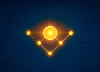 Neural Network Quantum Node. Abstract digital illustration of glowing neural node connected in triangle pattern on circuit board background representing AI or quantum system.