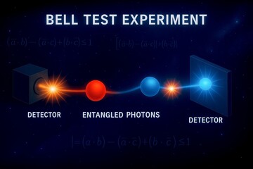 Bell Test Quantum Entanglement. Illustration of Bell test experiment demonstrating quantum entanglement with two detectors and entangled photons.