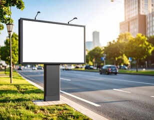 Fototapeta premium Blank billboard on city street with blurred traffic and modern buildings