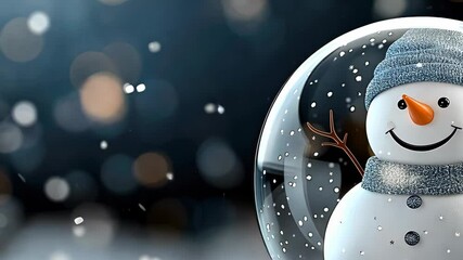 A cheerful snowman inside a snow globe surrounded by falling snow and bright festive lights in a cozy winter atmosphere - Powered by Adobe