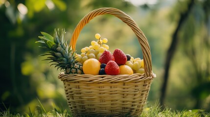 Summer Fruit Basket in a Lush Green Setting