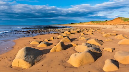 Beachscape with sandstone boulders and cloudy sky