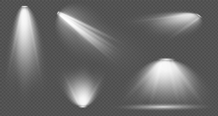 Naklejka premium Vector light set includes light source, studio lighting, walls. It also includes floodlighting and spotlighting. Finally, it includes light beams and light effect.For banners.PNG