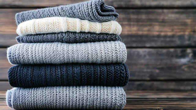 Soft, warm sweaters in various shades are stacked on a rustic wooden table, showcasing perfect options for chilly seasons