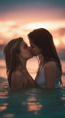 Two women kissing at a lake on sundown