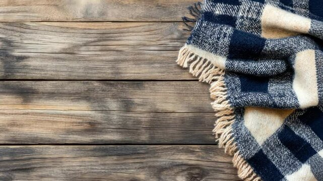 A warm blanket with a checkered pattern is draped over a rustic wooden table, complementing the cozy autumn vibes of the setting