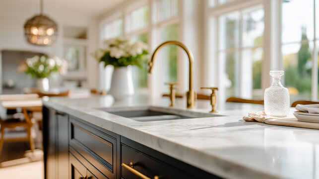 Modern black and white kitchen with gold accents and marble surfaces, embodying sleek elegance in a culinary space.
