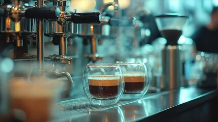 Two steaming espresso shots in double-walled glasses sit on a cafe counter near a coffee machine - Powered by Adobe