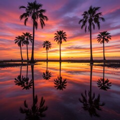 Obraz premium Silhouette Palm Trees Reflecting in Sunset Water