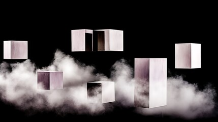Geometric forms amidst fog black background