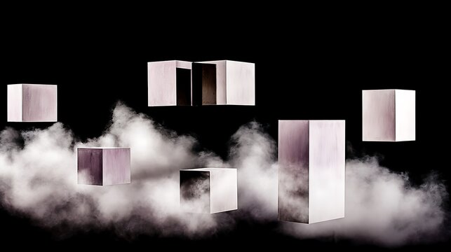 Geometric forms amidst fog black background