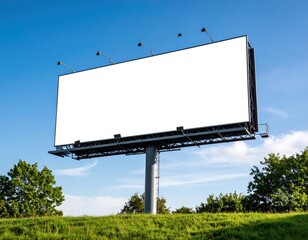 Obraz premium Blank Billboard on Green Hill Under Blue Sky Advertising Space