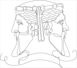 Janus two-faced god – continuous line art symbolizing duality and time