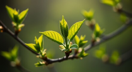 Naklejka premium Bright Green New Leaves Emerging on a Branch in Spring