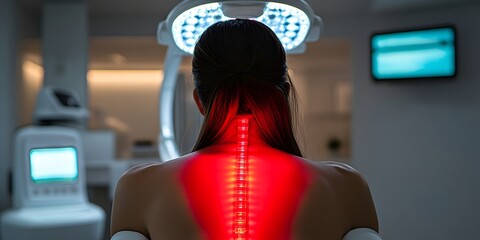 A woman's back highlighted in red under surgical lights in an operating room