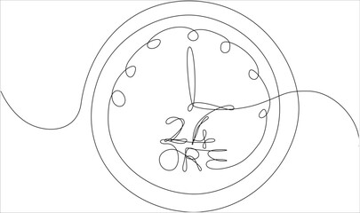 Continuous line drawing of a clock with “24 hours” – time and availability concept