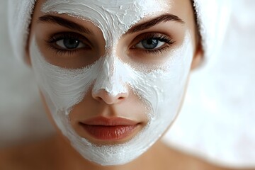 A woman with a spa facial mask on her face, relaxing at home or spa. She's looking at the camera