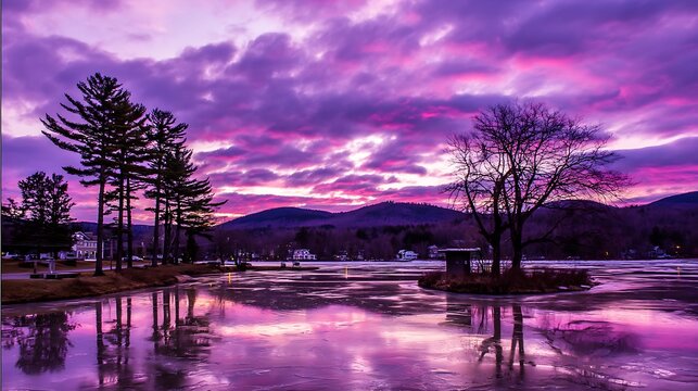Dramatic purple winter sunset over lake - Powered by Adobe