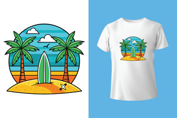Beach T-Shirt Design with Palm Trees, Ocean Waves, and Sunset – Tropical Summer Vector Art