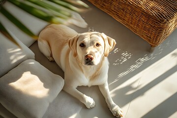 A lovely Labrador retriever looking towards the viewer in a well-lit living room setting