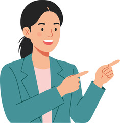 Young woman in teal blazer smiling and pointing with both hands vector illustration