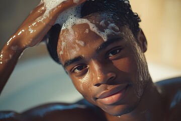 A young man enjoys a relaxing shower and washes his hair