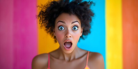 A portrait of a surprised woman with her mouth open in astonishment against a colorful background