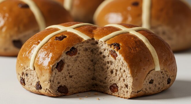 Closeup of Golden Brown Hot Cross Buns with Raisins - Powered by Adobe