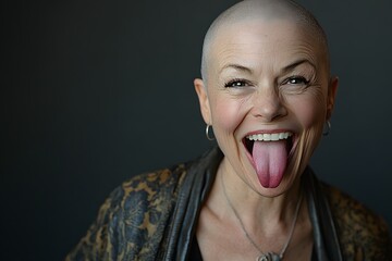 A bald woman sticks out her tongue and smiles at the camera, a picture of carefree fun