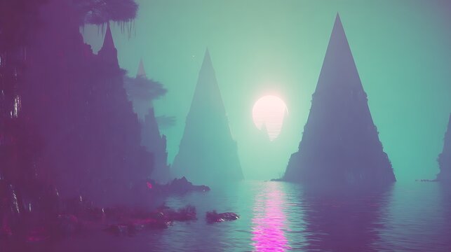 Synthwave pyramids reflected on a teal lake