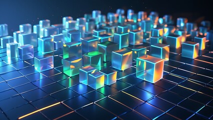 Obraz premium Abstract 3D Cubes, Glowing Neon Cityscape