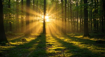 Fototapeta premium Golden Sunlight Streaming Through Lush Green Forest